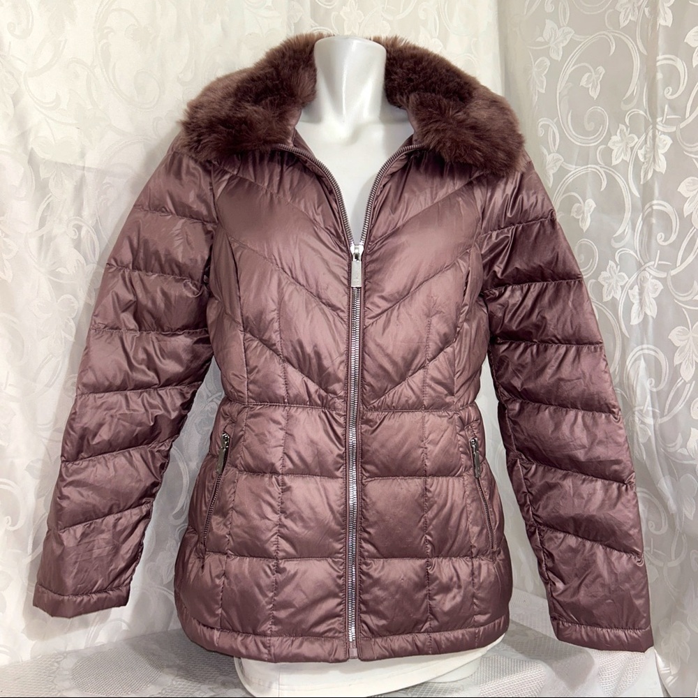 Kenneth Cole Champagne Mauve Sherpa Fur Trim Zip Up Jacket